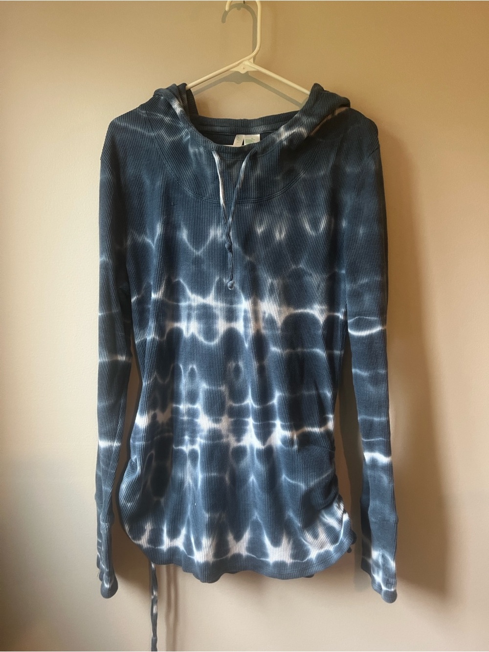 Brisa Blue Tie-Dye Long Hooded Waffle Thermal Knit Pullover XL